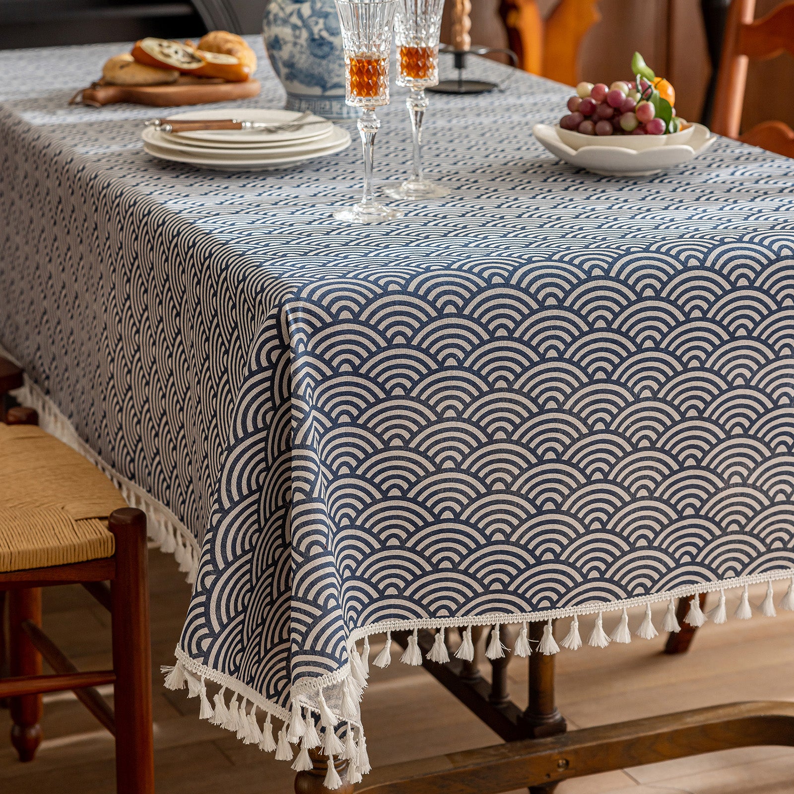 Scale Pattern Linen-Look Tablecloth with Tassels – Wrinkle-Resistant & Drapes Beautifully, Japanese Minimalist Dining Table Art