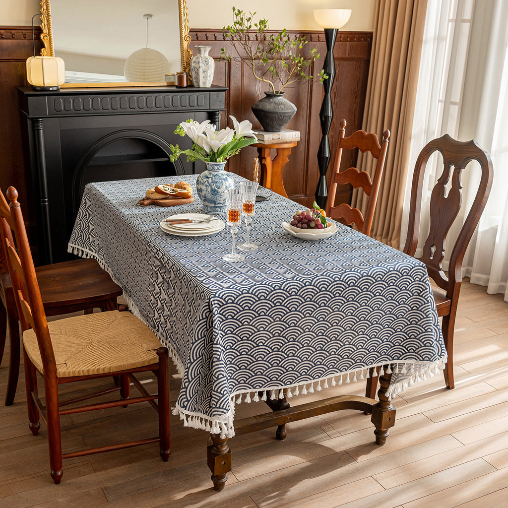 Scale Pattern Linen-Look Tablecloth with Tassels – Wrinkle-Resistant & Drapes Beautifully, Japanese Minimalist Dining Table Art