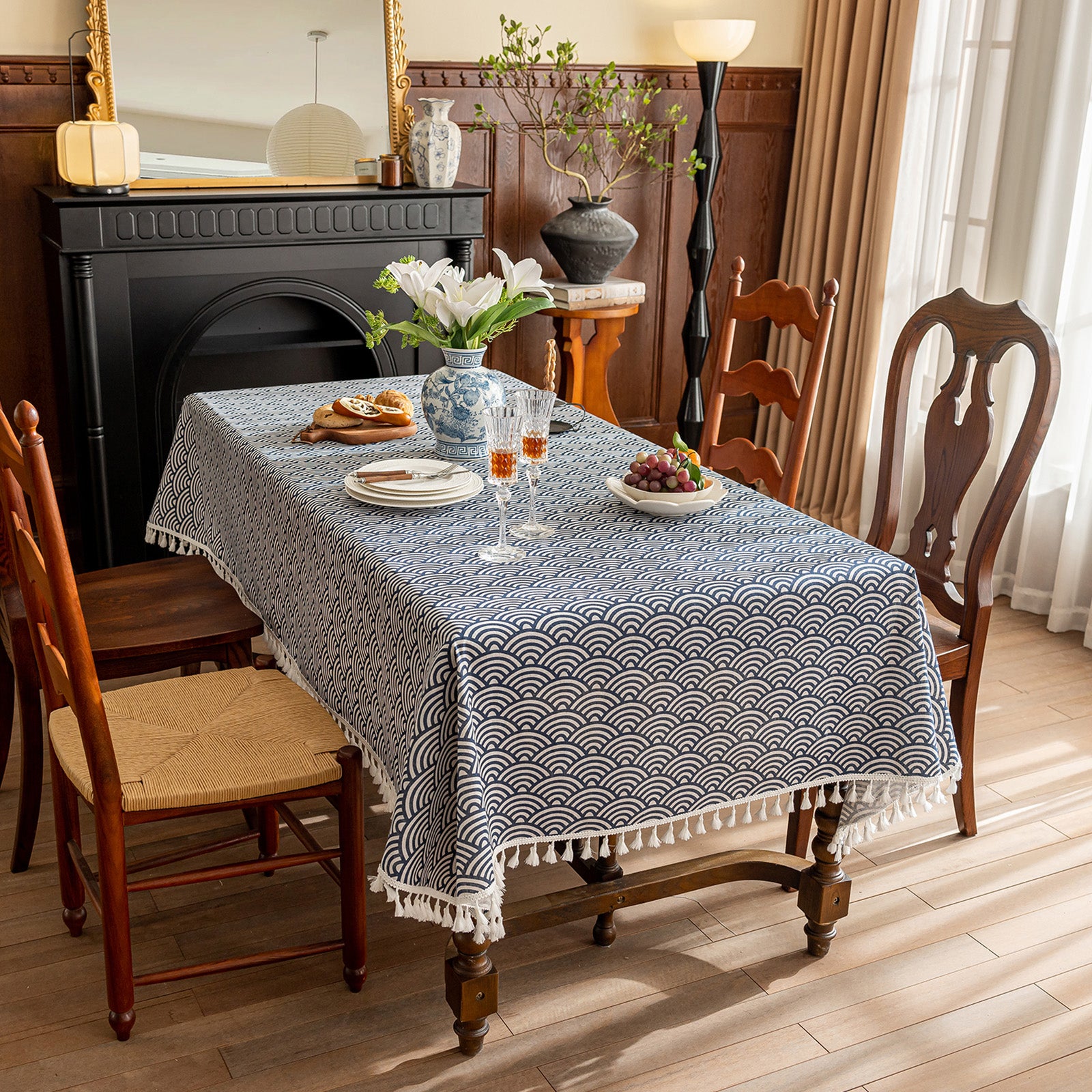 Scale Pattern Linen-Look Tablecloth with Tassels – Wrinkle-Resistant & Drapes Beautifully, Japanese Minimalist Dining Table Art