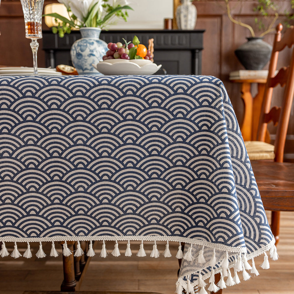 Scale Pattern Linen-Look Tablecloth with Tassels – Wrinkle-Resistant & Drapes Beautifully, Japanese Minimalist Dining Table Art