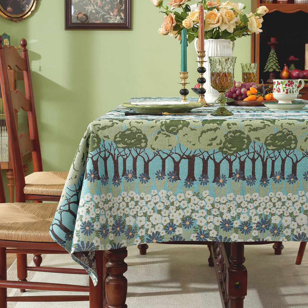Spring Tree Pattern Cotton-Linen Style Tablecloth, with Scalloped or Straight Edge Options