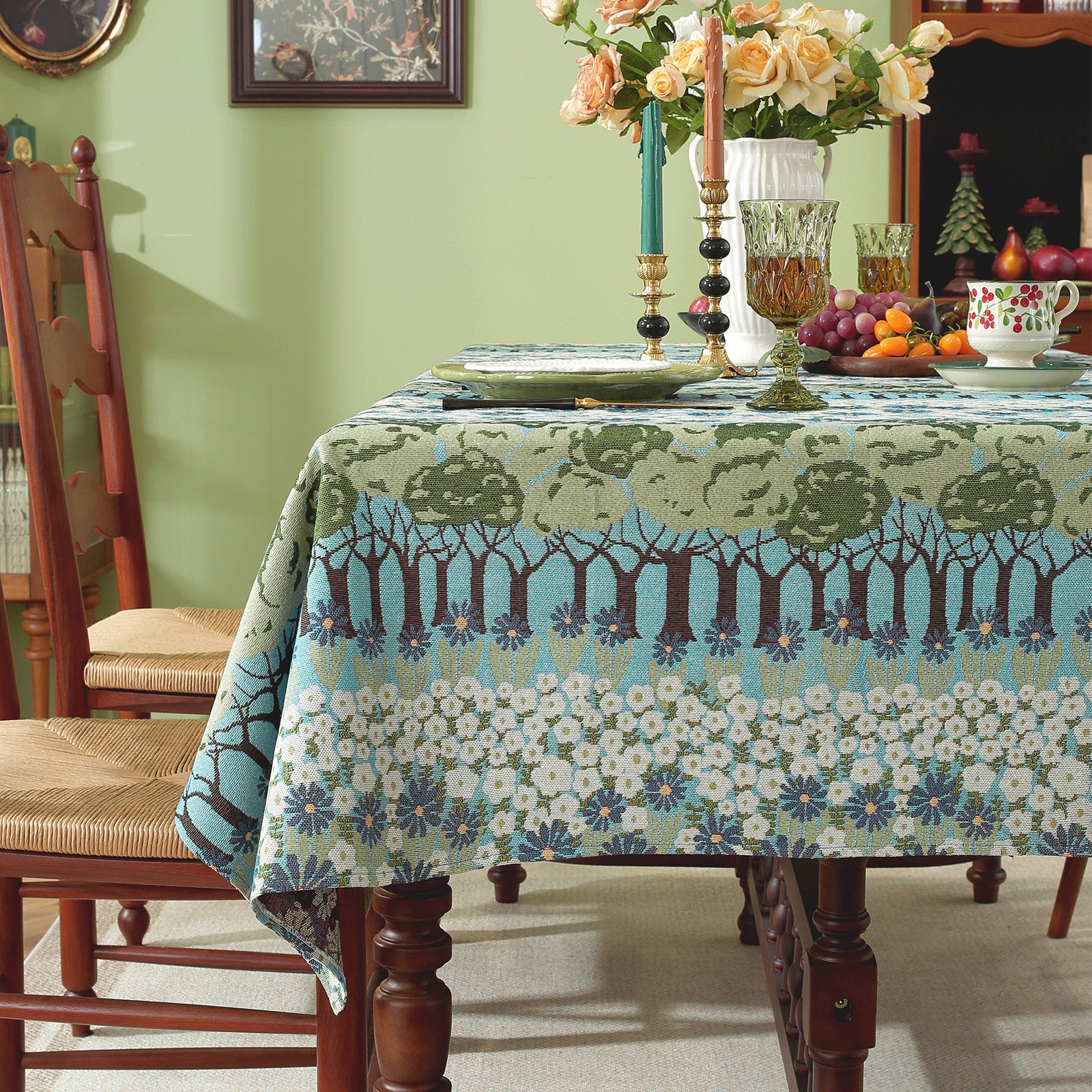 Spring Tree Pattern Cotton-Linen Style Tablecloth, with Scalloped or Straight Edge Options