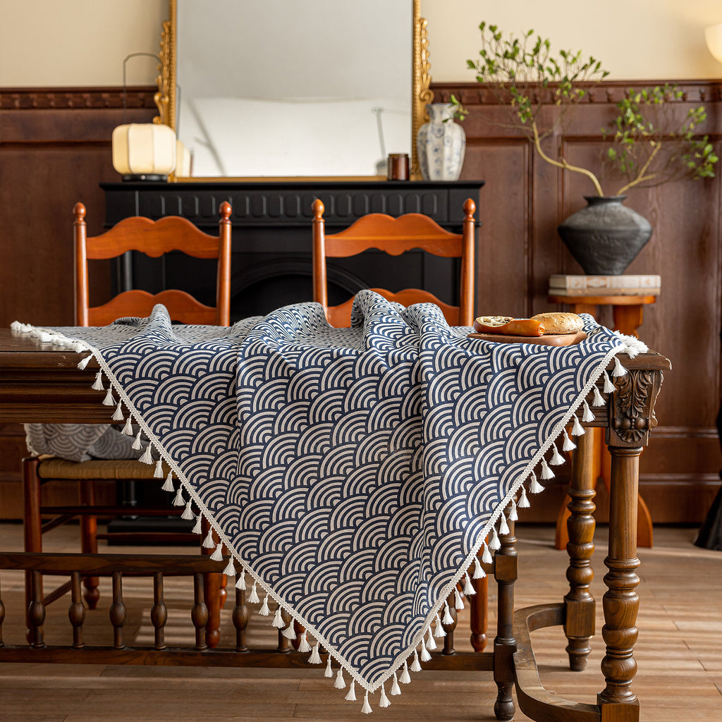 Scale Pattern Linen-Look Tablecloth with Tassels – Wrinkle-Resistant & Drapes Beautifully, Japanese Minimalist Dining Table Art