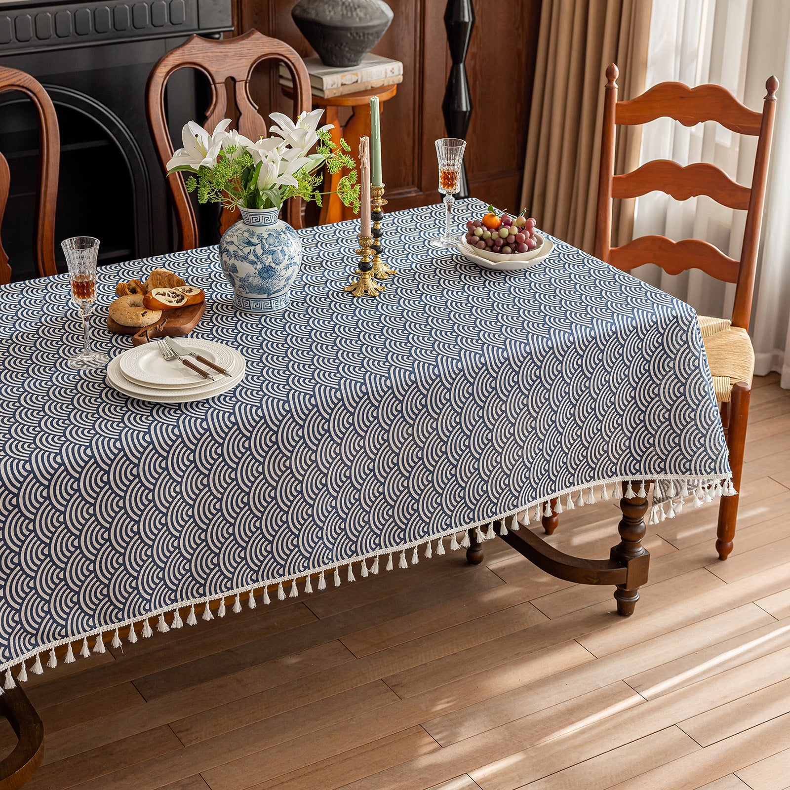 Scale Pattern Linen-Look Tablecloth with Tassels – Wrinkle-Resistant & Drapes Beautifully, Japanese Minimalist Dining Table Art