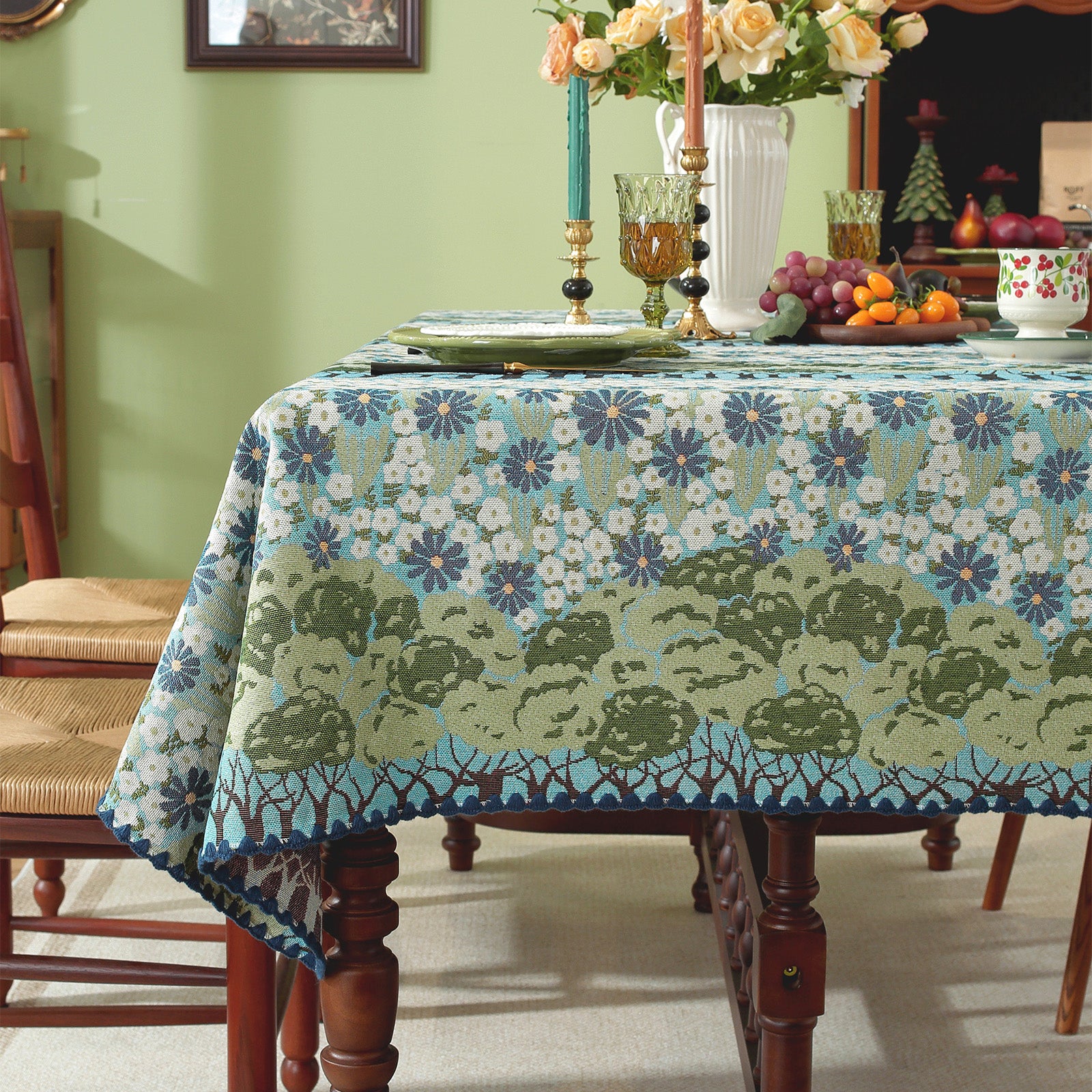 Spring Tree Pattern Cotton-Linen Style Tablecloth, with Scalloped or Straight Edge Options