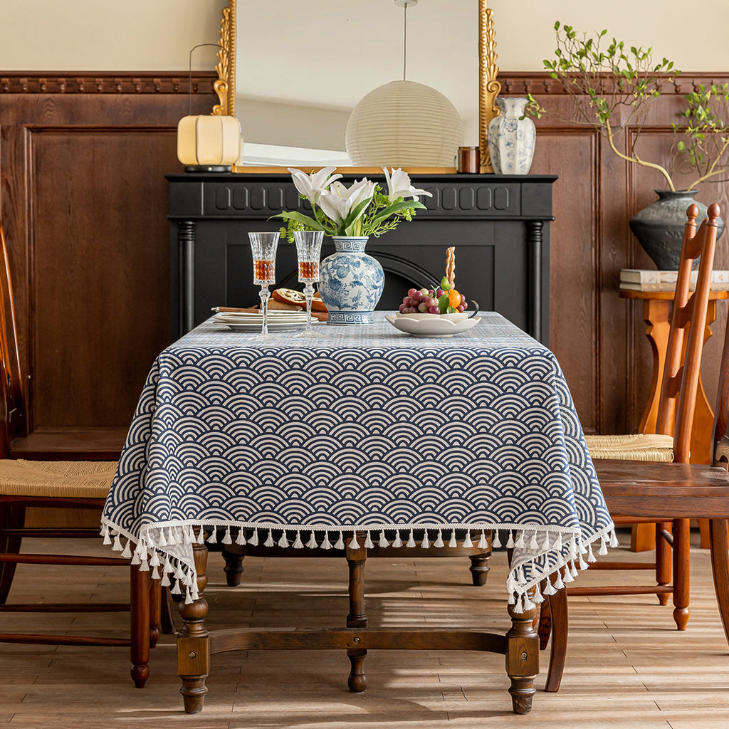 Scale Pattern Linen-Look Tablecloth with Tassels – Wrinkle-Resistant & Drapes Beautifully, Japanese Minimalist Dining Table Art