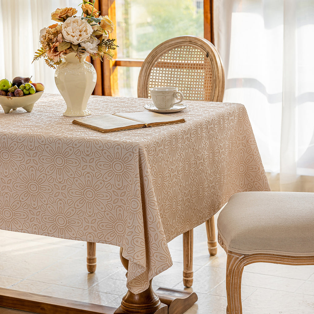 Linen Like Tablecloth or Desk Cover Wrinkle Resistant Jacquard Sunflower Embossed Multi Use