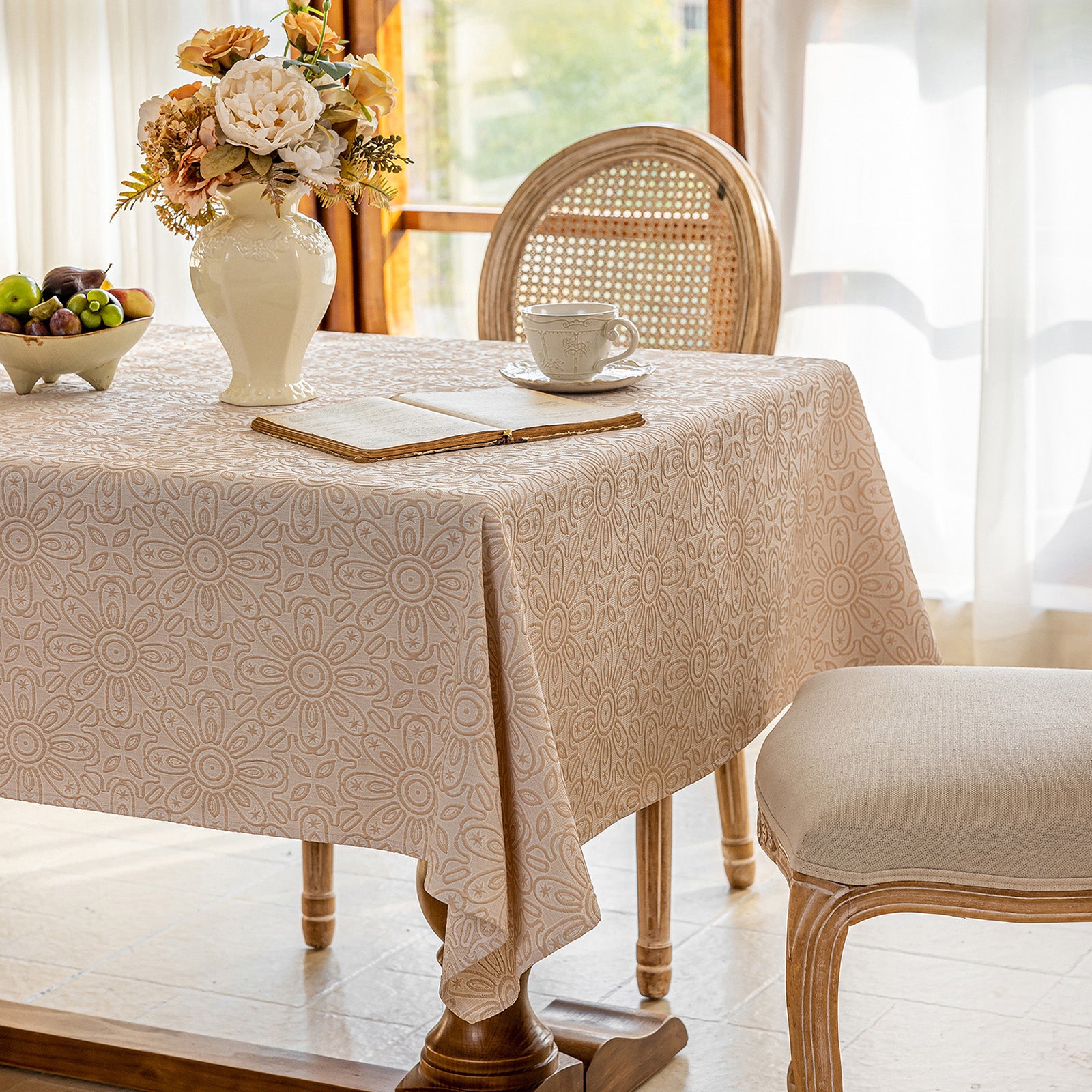 Linen Like Tablecloth or Desk Cover Wrinkle Resistant Jacquard Sunflower Embossed Multi Use
