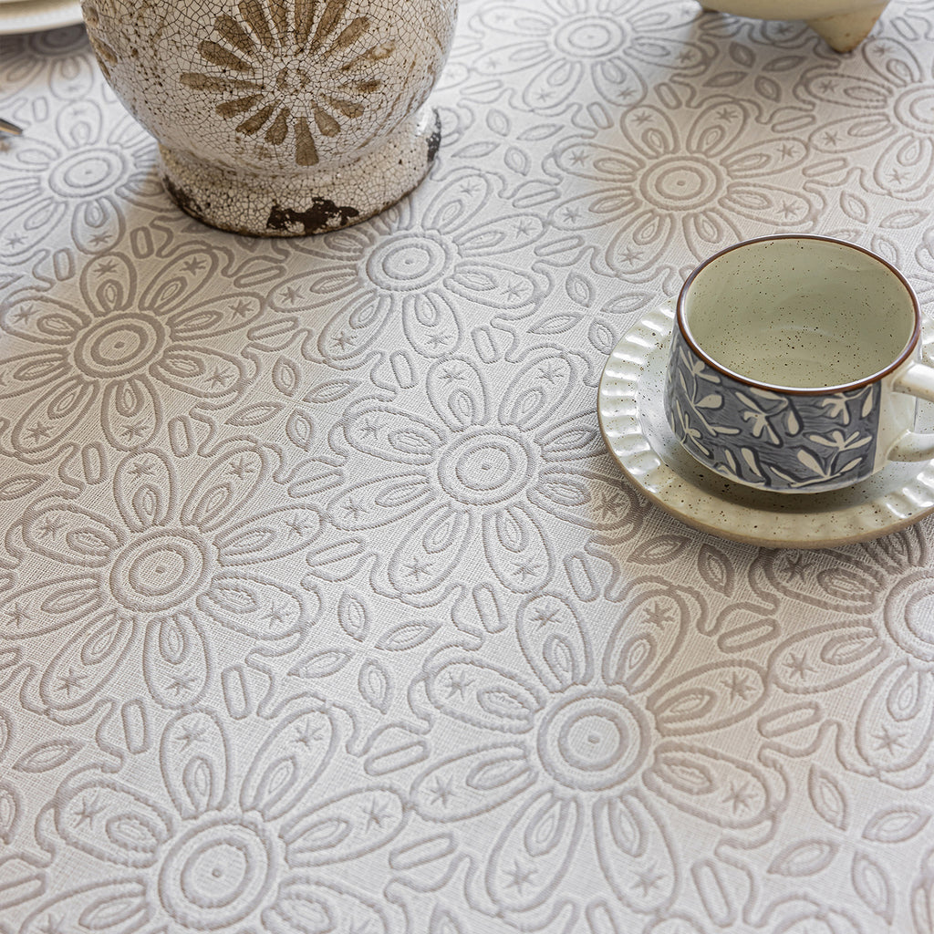 Linen Like Tablecloth or Desk Cover Wrinkle Resistant Jacquard Sunflower Embossed Multi Use