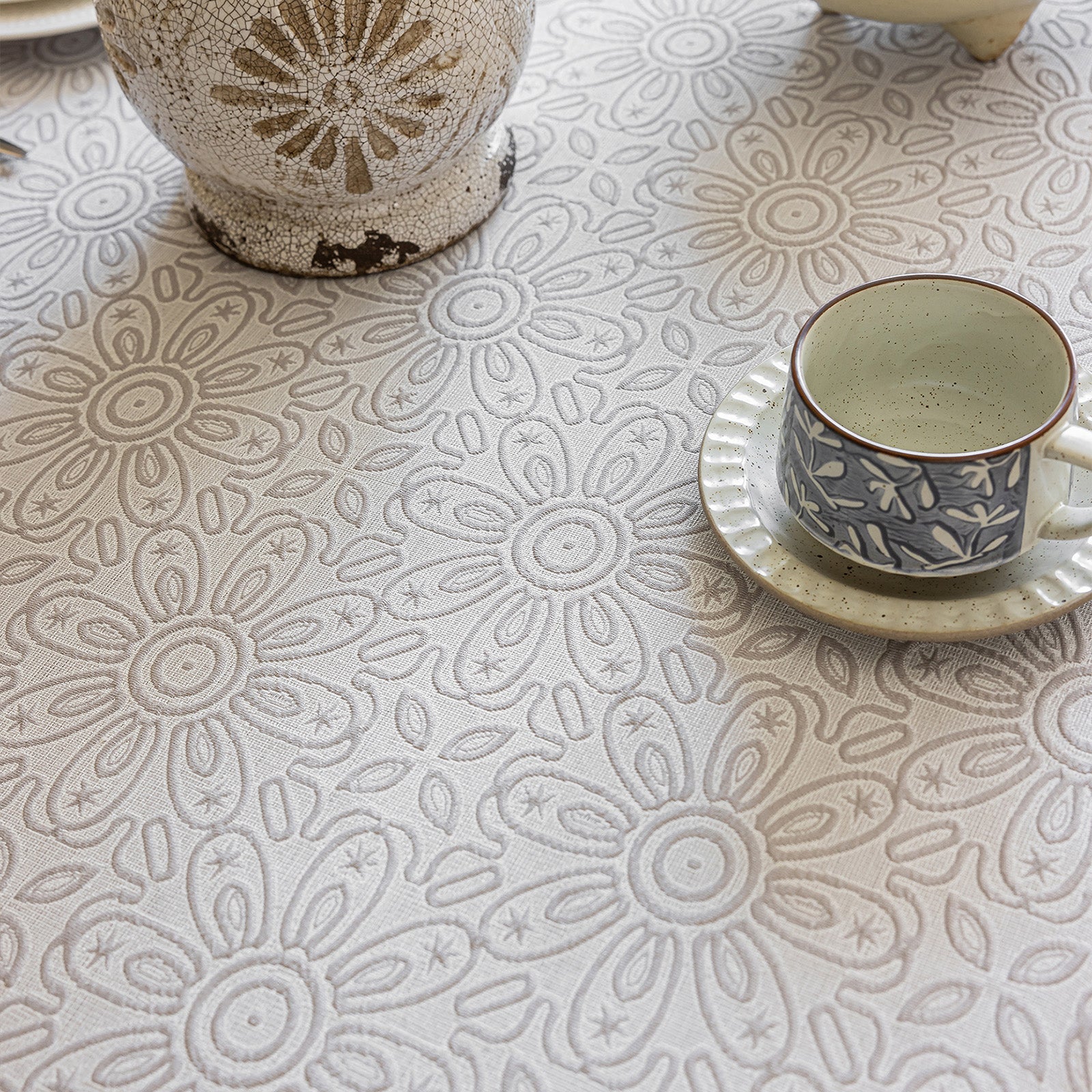 Linen Like Tablecloth or Desk Cover Wrinkle Resistant Jacquard Sunflower Embossed Multi Use